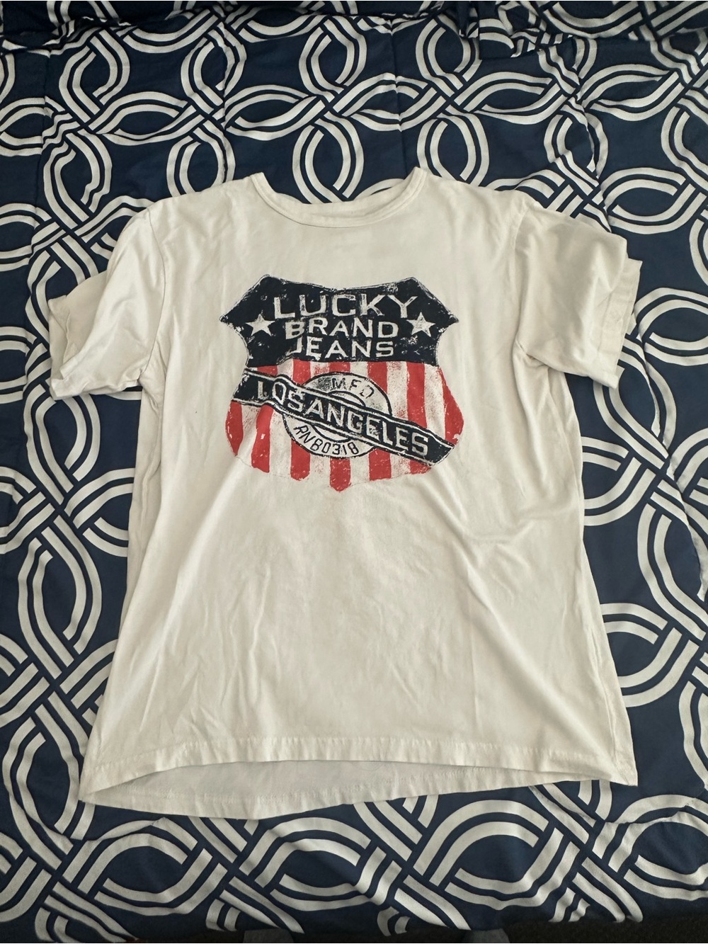 Lucky Brand White Tee with Red & Navy Shield Graphic